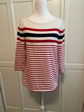 Talbots Cream Top with Red and Navy Stripes